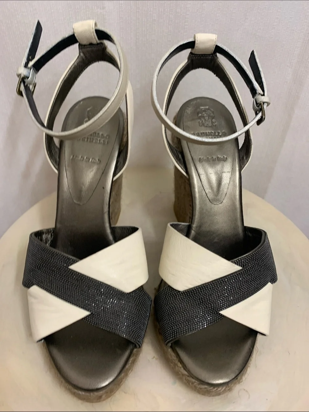 Brunello Cucinelli Espadrille Wedge Platform Crisscross Leather Monilli Beads